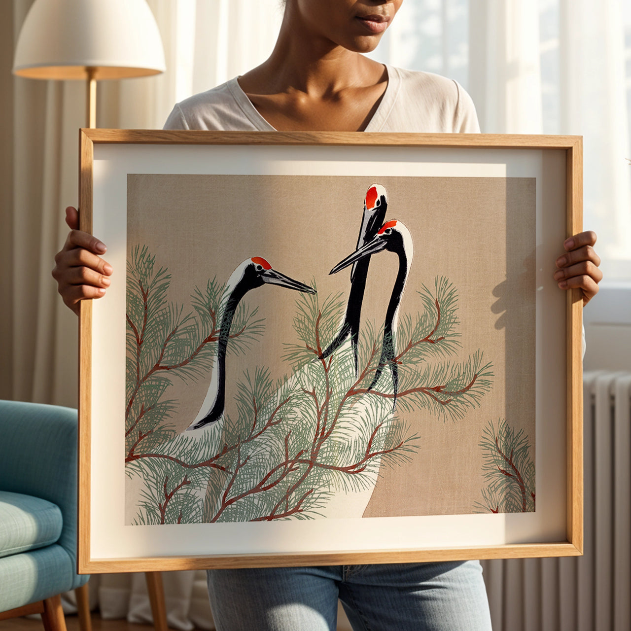Red-crown Cranes Among Pines, Kamisaka Sekka, Framed Giclée Fine Art Poster Print
