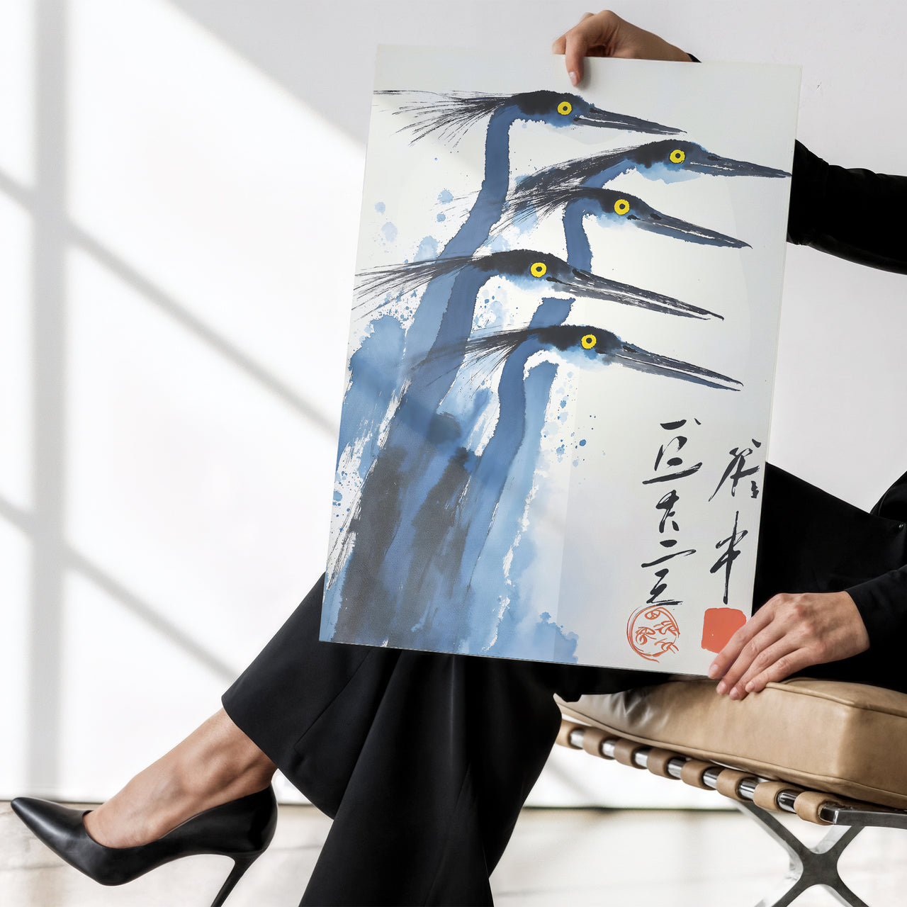 Four Cranes, Japanese Ink Style, Blue Brush Painting Print, Framed Giclée Fine Art Poster
