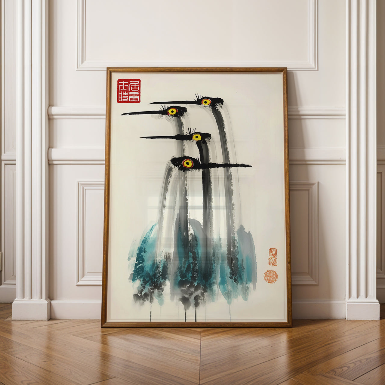 Three Cranes, Japanese Ink Style, Minimal Brush Painting Print, Framed Giclée Fine Art Poster