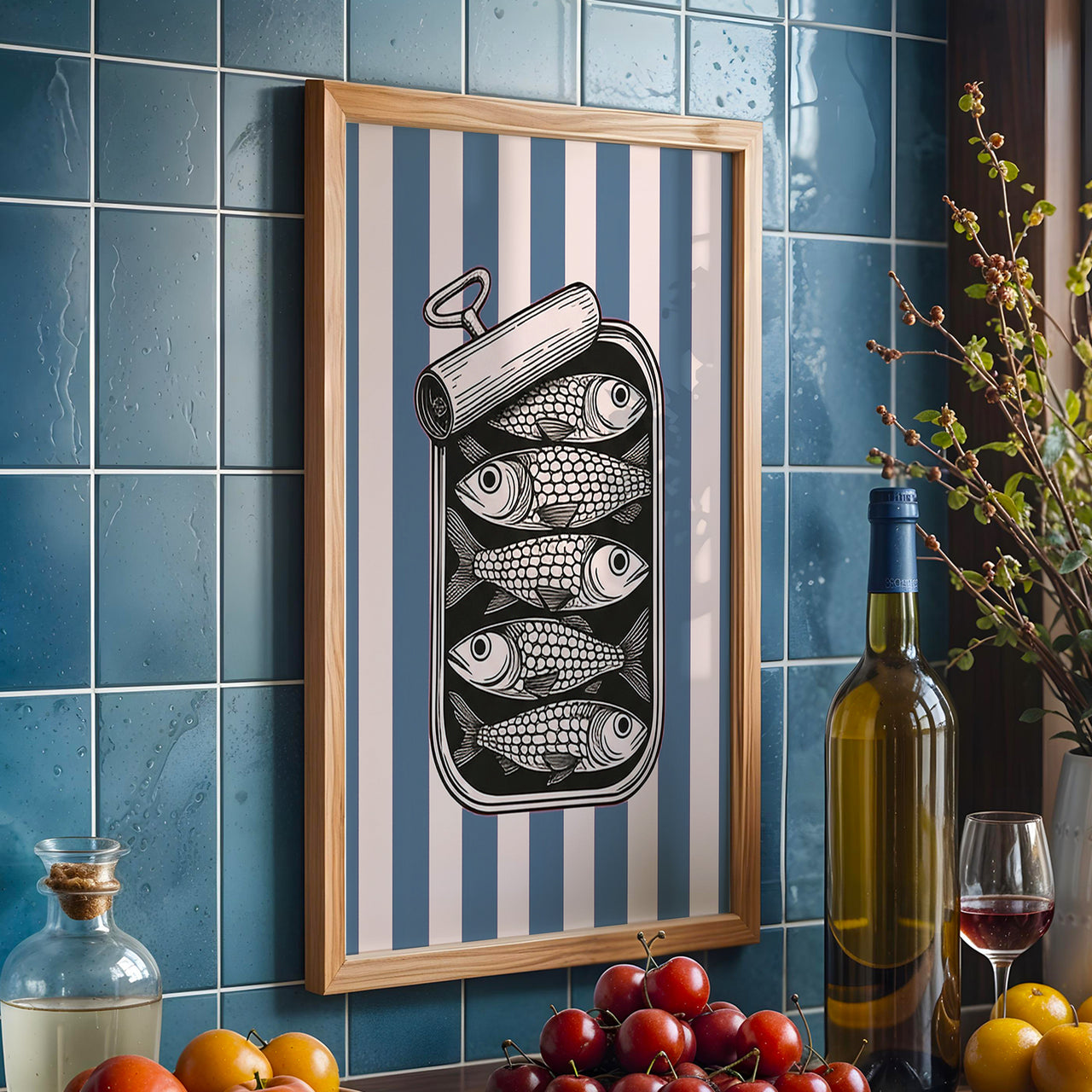 Sardine Tin on Blue Stripes | Retro Kitchen Print