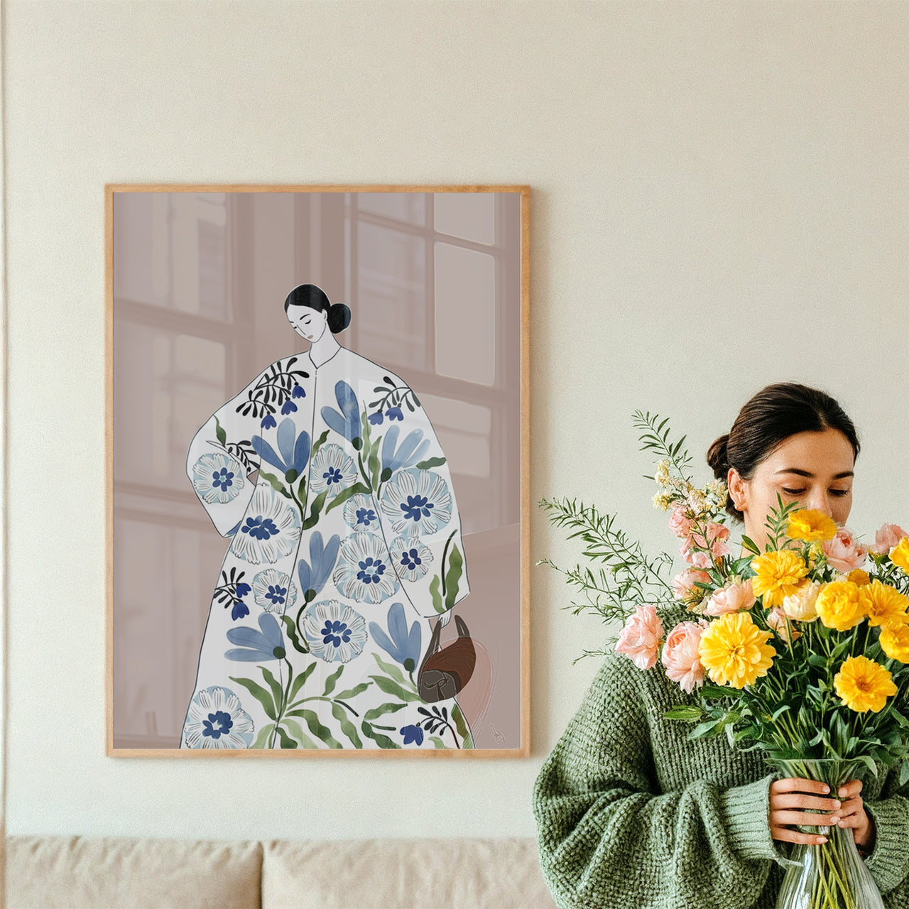 Blue Floral Woman, Ink Dot Studio (2025), Framed Giclée Fine Art Poster Print