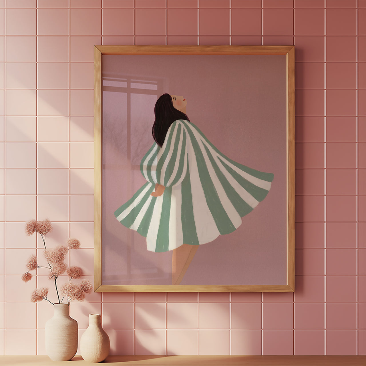 Green Striped Dress, Ink Dot Studio (2025), Framed Giclée Fine Art Poster Print