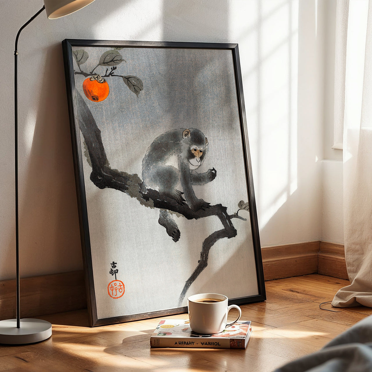 Monkey and Persimmon Print, Japanese Wall Art, Framed Giclée Fine Art Poster Print