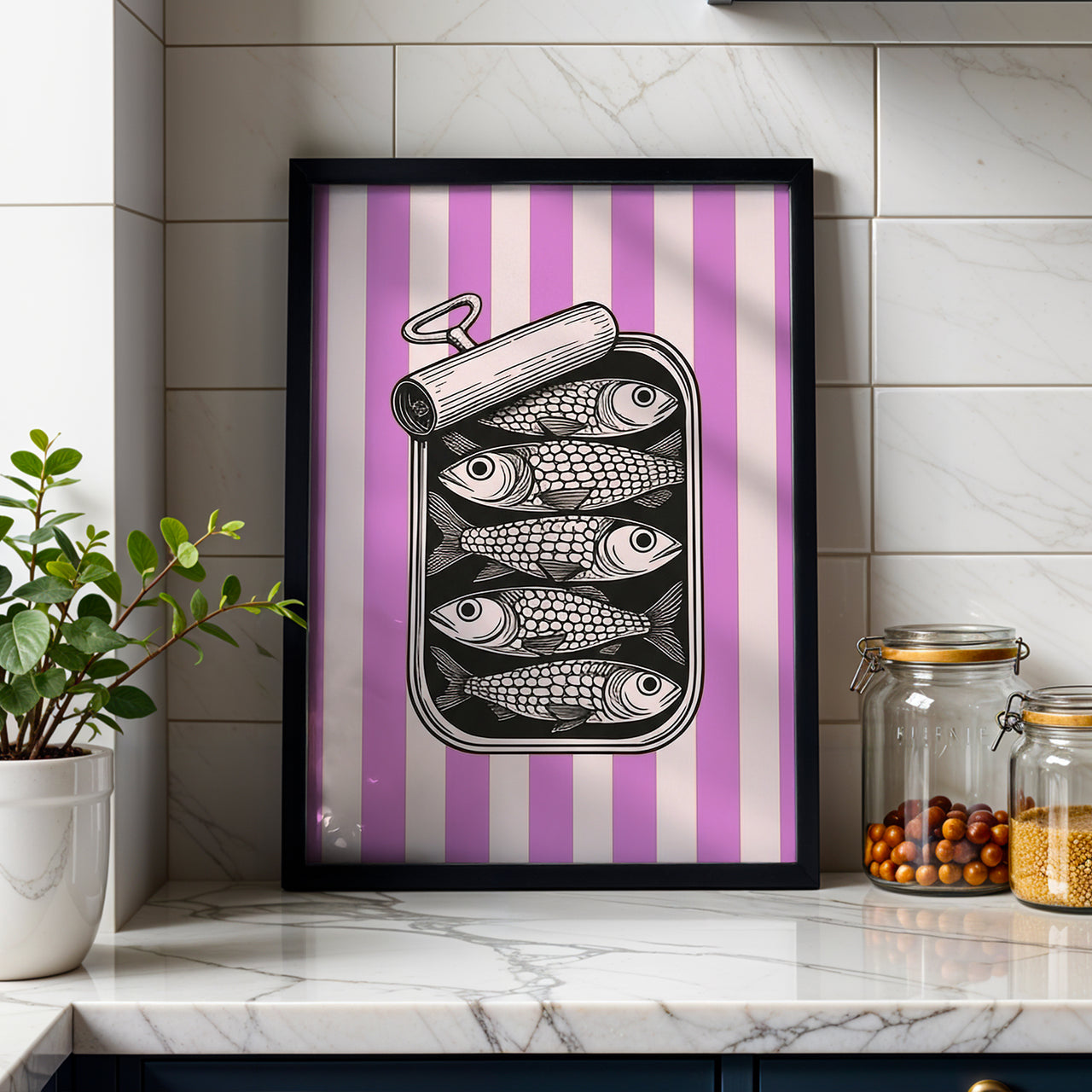 Sardine Tin on Pink Stripes | Retro Kitchen Print