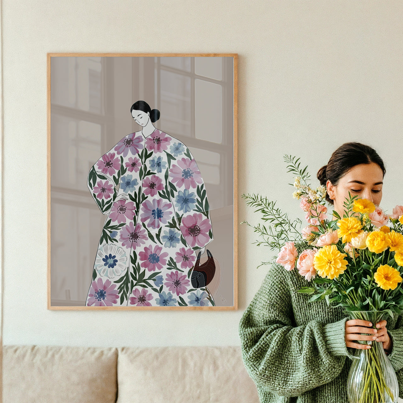 Pink Floral Woman, Ink Dot Studio (2025), Framed Giclée Fine Art Poster Print