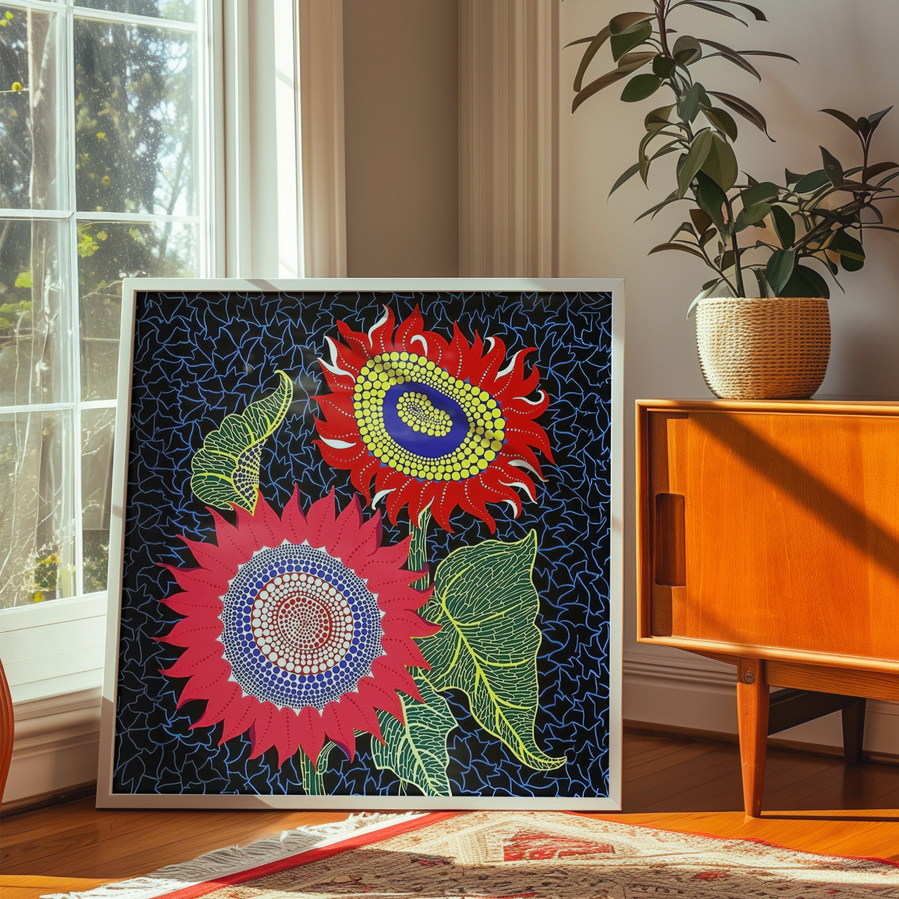 Red Floral Pattern, Pop-Art  Framed Giclée Fine Art Poster Print