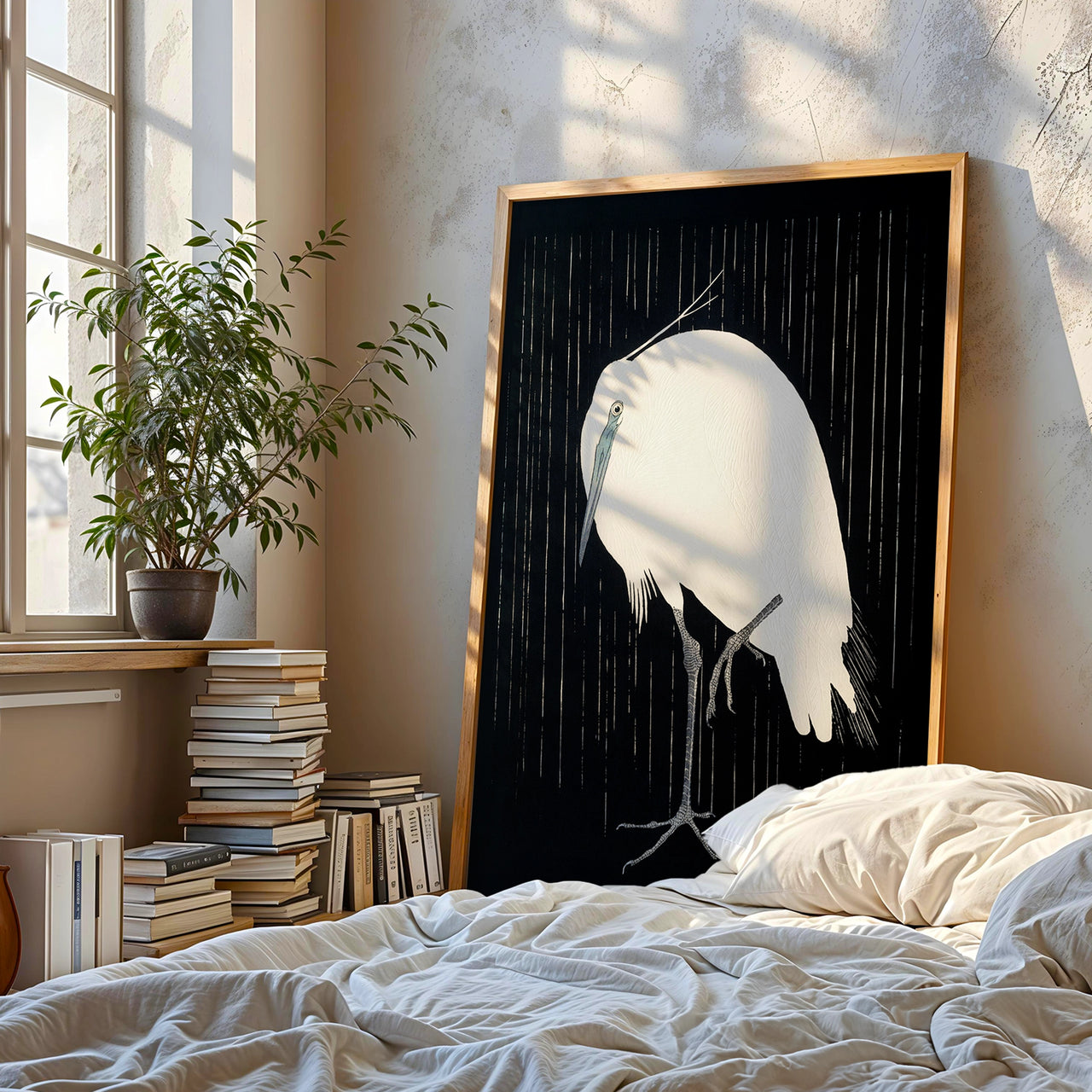 White Heron in the Rain, Shōtei Takahashi, Framed Giclée Fine Art Poster Print