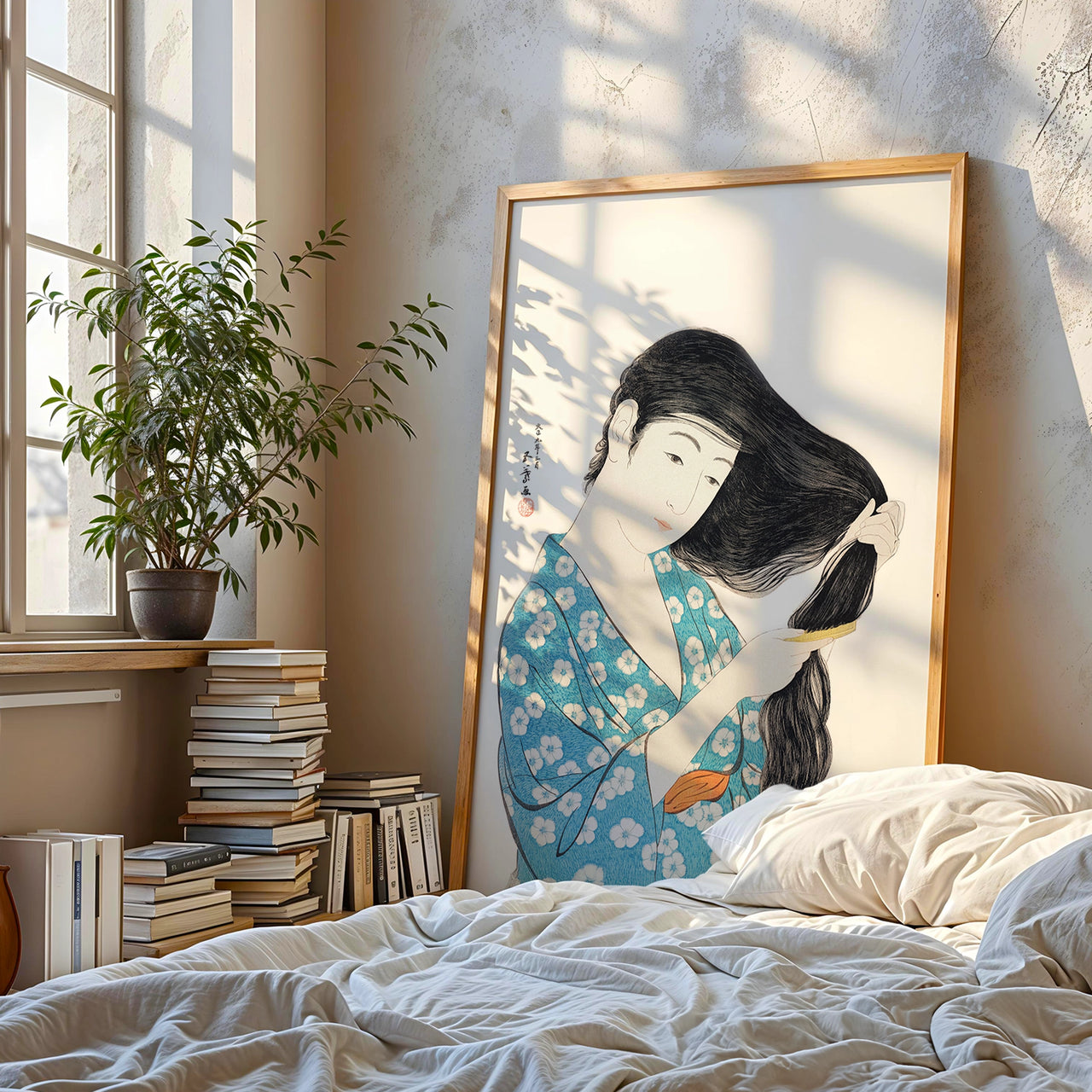 Woman Combing Her Hair, Vintage Japanese, Framed Giclée Fine Art Poster Print