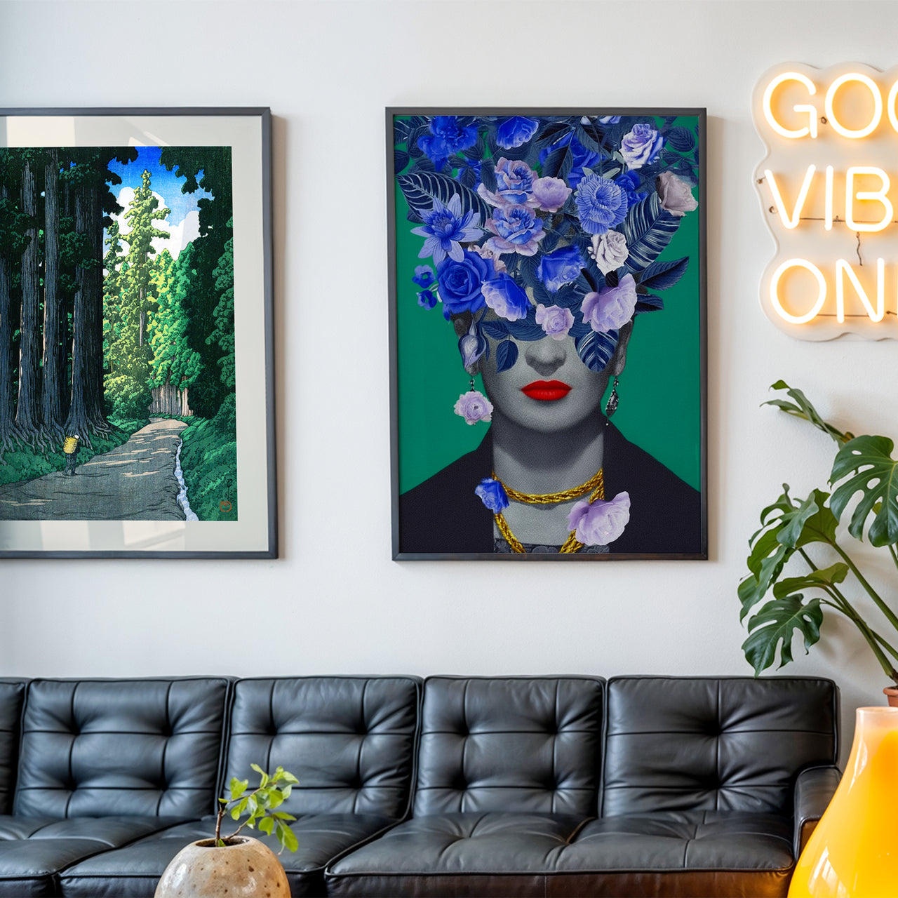 Frida Kahlo Blue Floral Portrait, Ink Dot Studio (2025), Framed Giclée Fine Art Poster Print