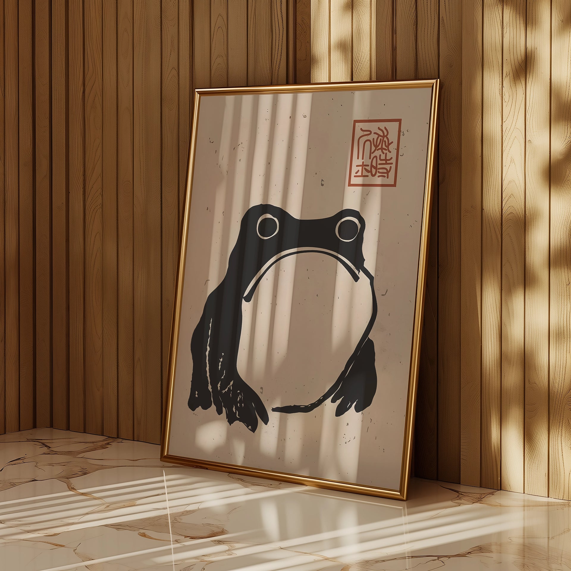 Framed artwork of a black penguin on a beige background with a gold frame, against a wooden wall.
