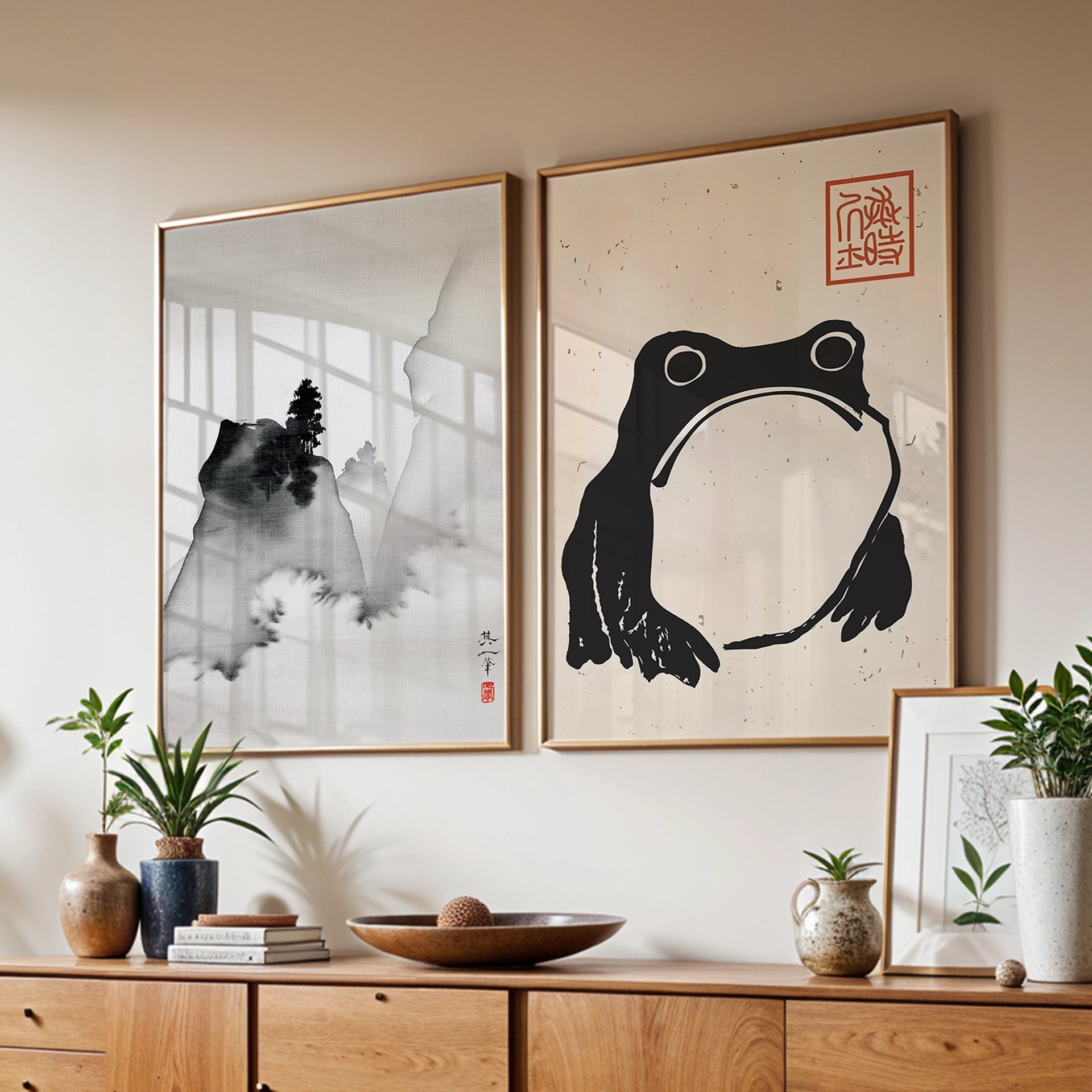 Two framed artworks on a wall with a wooden cabinet below.