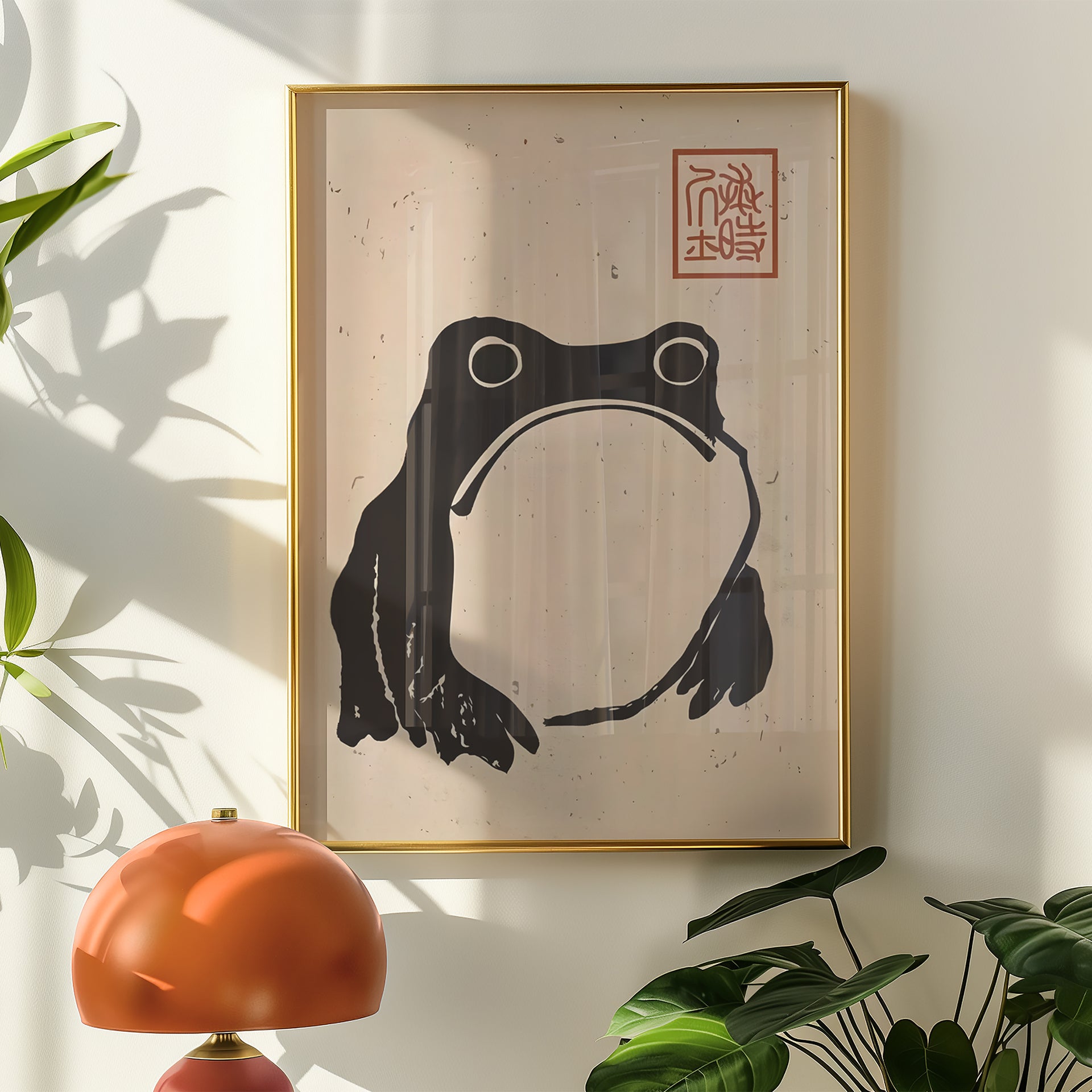 Framed artwork of a black frog on beige paper with a red stamp, placed on a light wall with plants.